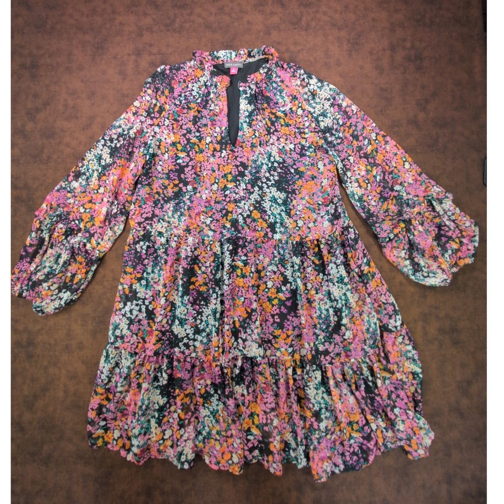 Vince Camuto Womens Floral Tiered Babydoll Mini Dress Long Sleeve Pink Black M - Picture 2 of 9